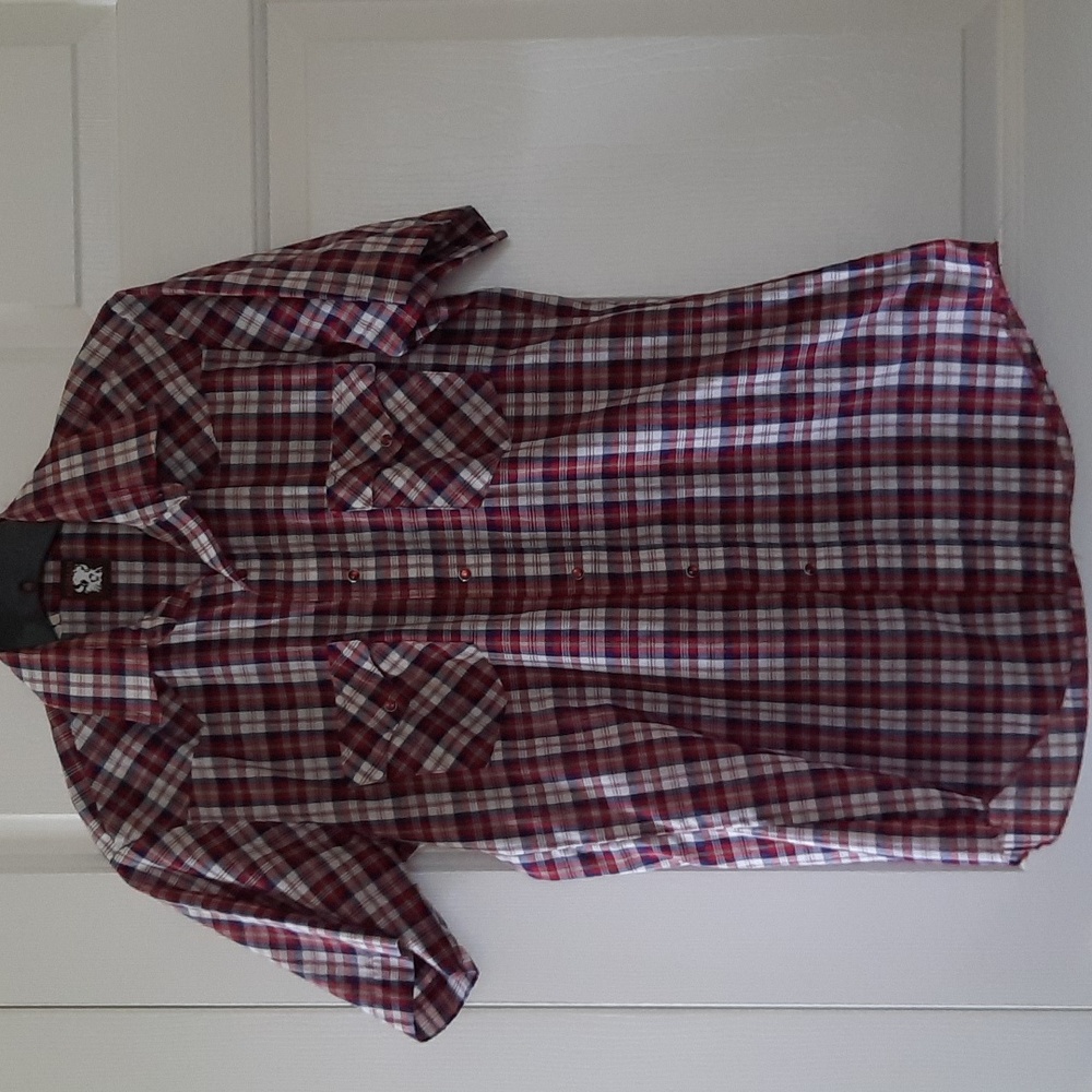 Men's Short Sleeve Plaid Button-Up Shirt - Red & White